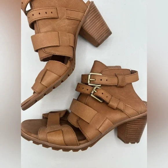 NEW Sorel Nadia Buckle Heel Sandal Camel Brown Leather Boho Chunky Size 8.5 - Picture 9 of 13